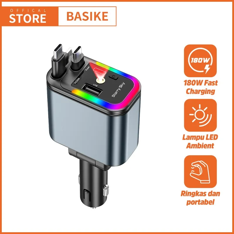 BASIKE Car Charger 180W Fast Charging 5 In 1 Colokan Mobil with Kabel Data Lampu Atmosfer Proyeksi