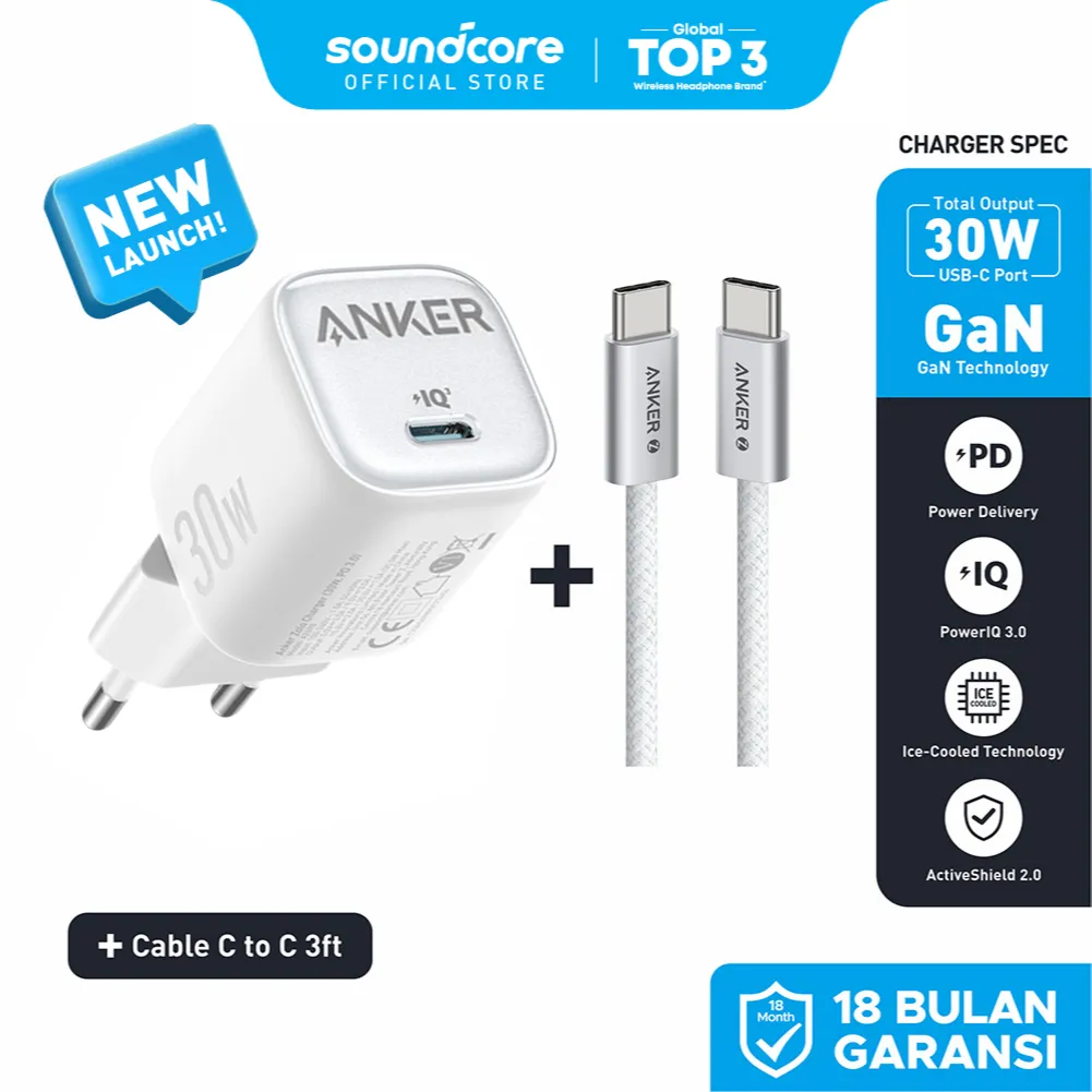 Anker Zolo GaN 30W 20W Adaptor Kepala Charger iPhone 17 16 15 Samsung Type C PD Ice-Cooled Fast Charging - A2698 / A2699