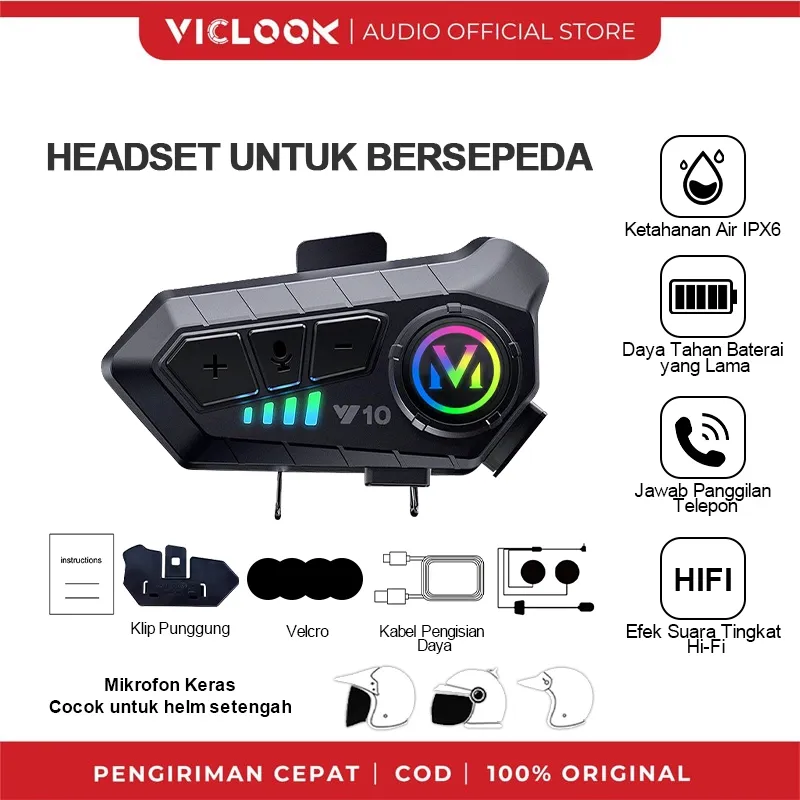 VICLOOK Wireless Cycling Bluetooth Earphone Helm Headset for Motorcycle (Waterproof Version)