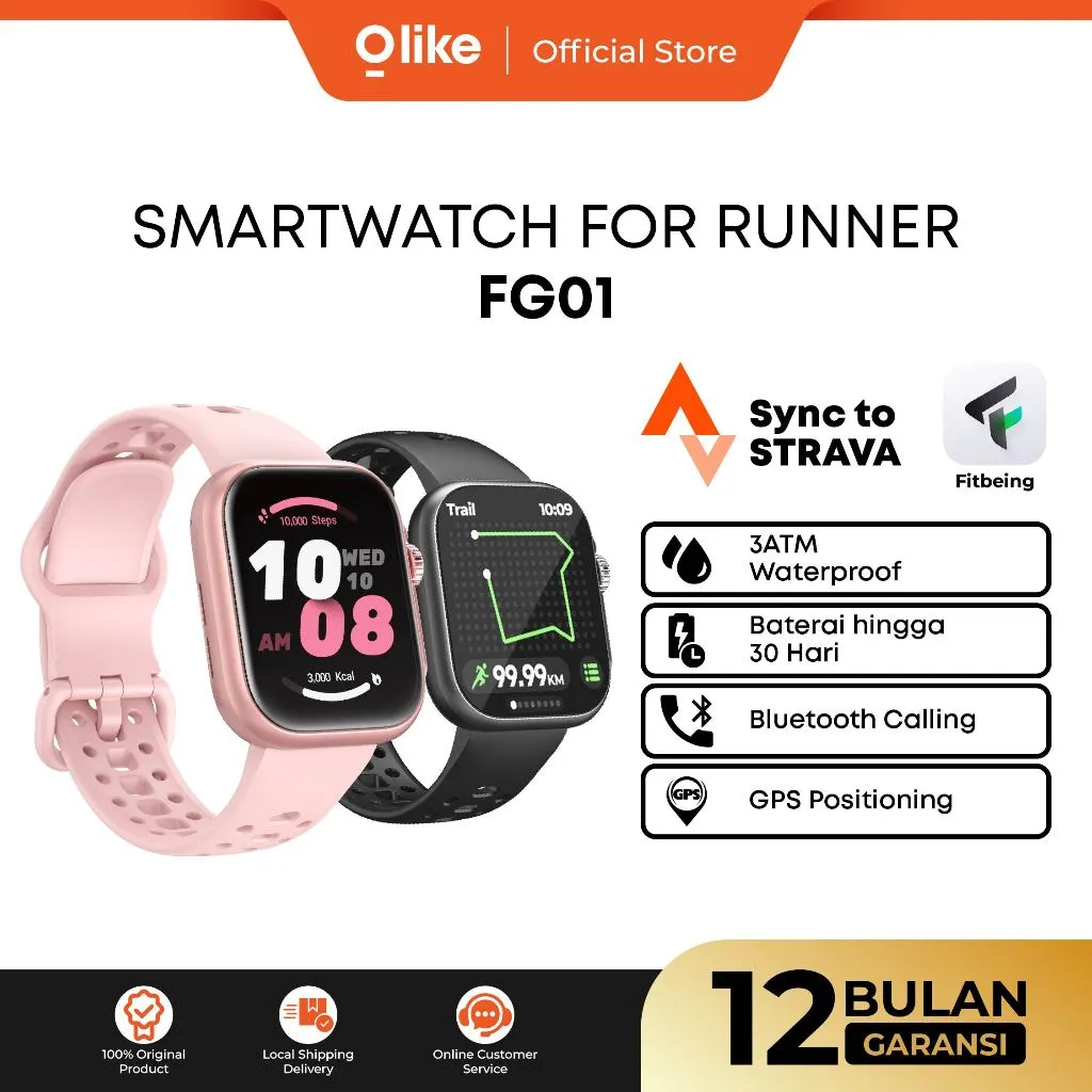 OLIKE GPS Smartwatch FG01 1.85" Screen Long Live Battery Up To 30-Day | Jam Tangan  Smart Watch Design For Sport Sync Strava | Waterproof 3ATM Health & Sport Monitoring