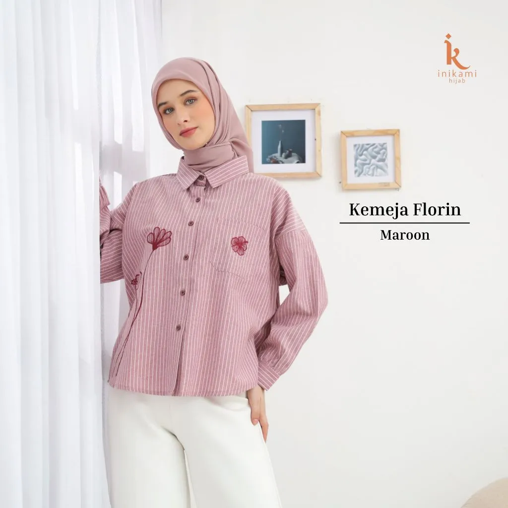 Baju Wanita - Kemeja Florin Salur Oversized Flower Embroidery Maroon By Inikami Hijab
