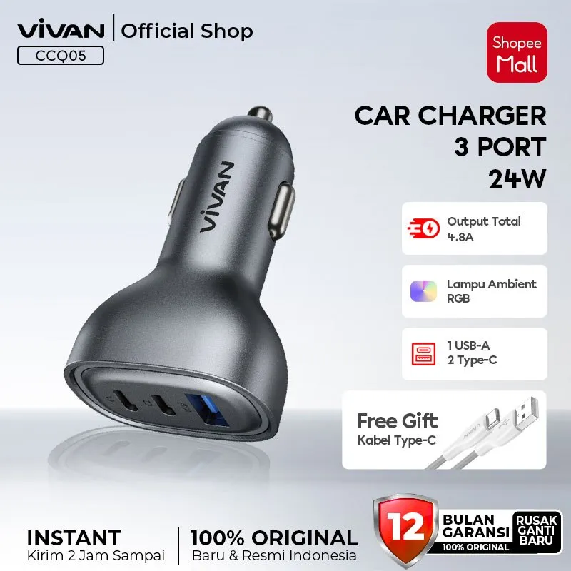 VIVAN Car Charger 3 Port 4.8A Max with RGB Light Free Type C Cable CCQ05 Garansi 12 Bulan