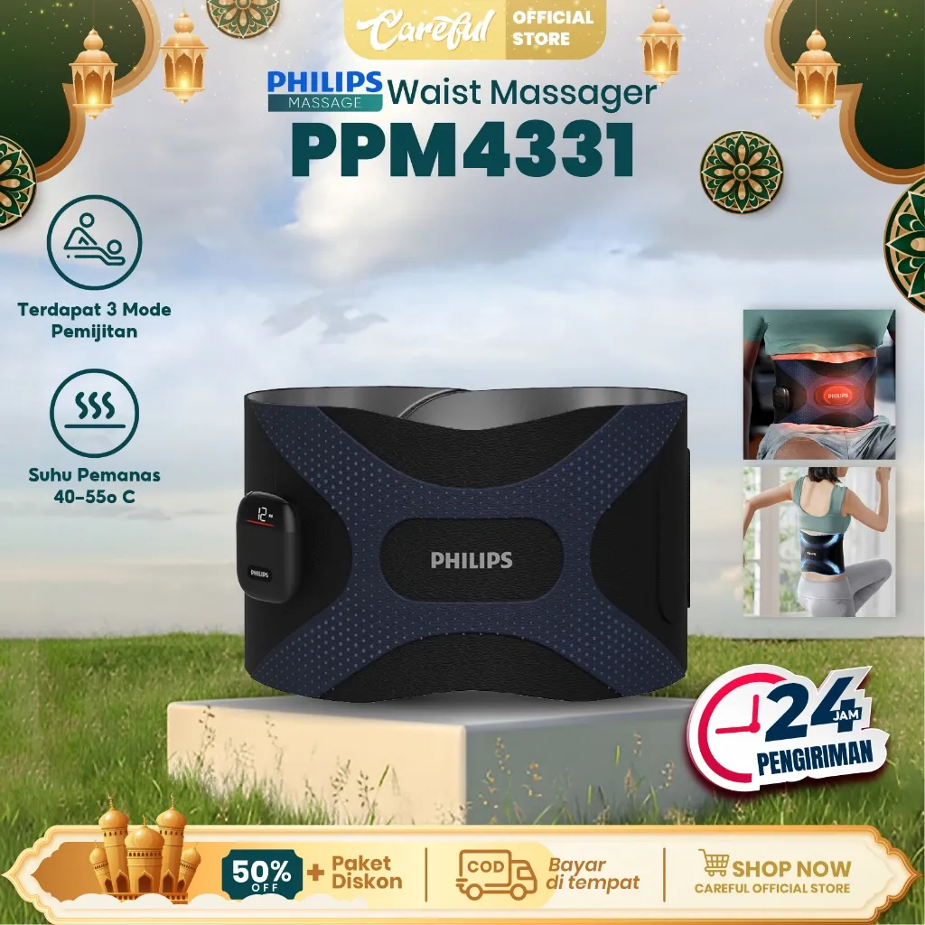 Philips massage PPM4331 waist pijat 6 mode & 16 tingkat intensitas kompres panas nirkabel untuk keringat berlebih, pengurangan lemak, pelangsing pinggang, dan sabuk penghangat perut