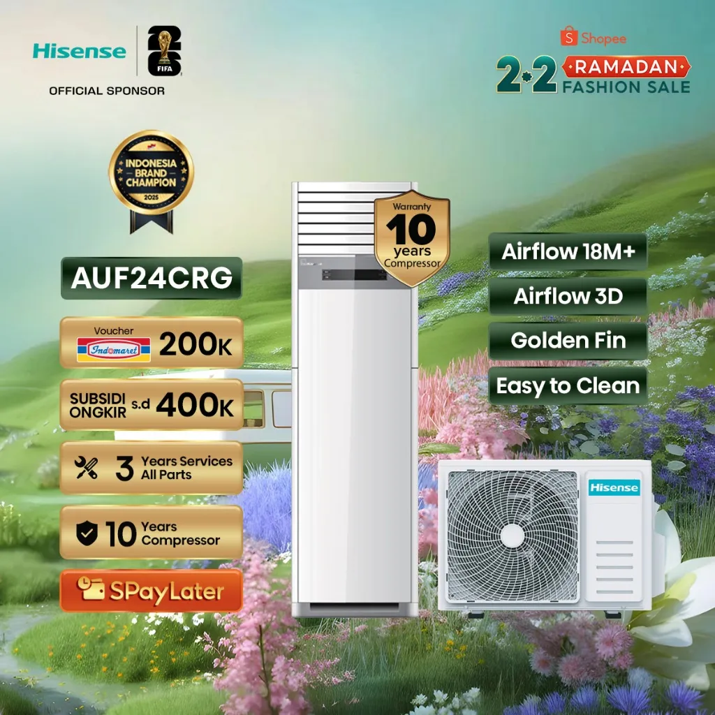 Hisense AC AUF24CRG Inverter 3 PK Floor Standing Air Flow Jarak Hingga 18M Lebih Pendinginan 4D Ruangan Dengan Golden Fin Easy To Clean Air Conditioner (Indoor & Outdoor Unit Only)