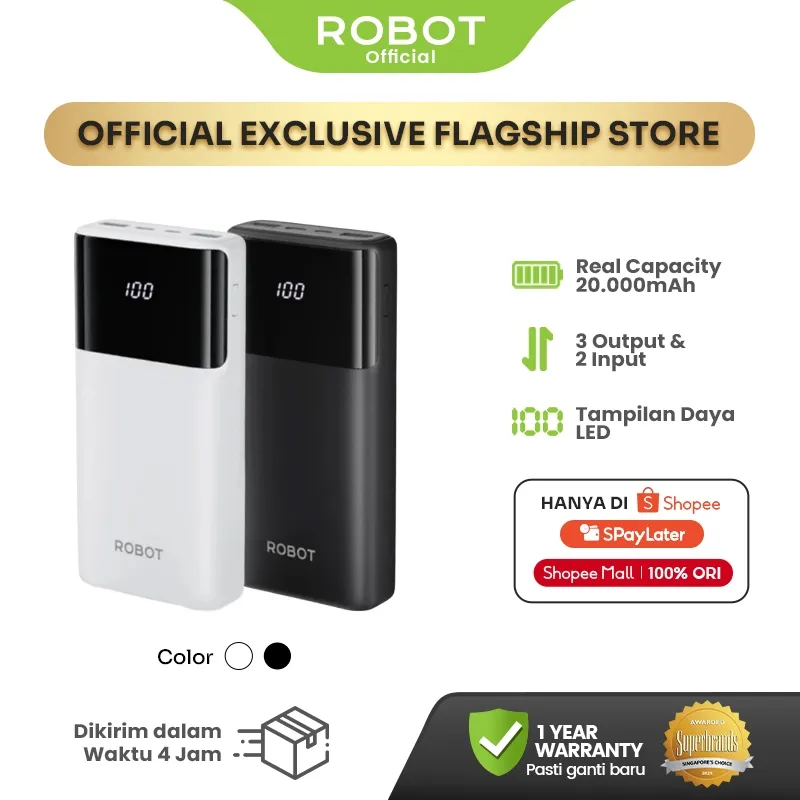 ROBOT Powerbank Fast Charging 20000mAh 15W 2 Input 3 Output with LED RT22S Original - Garansi 1 Tahun