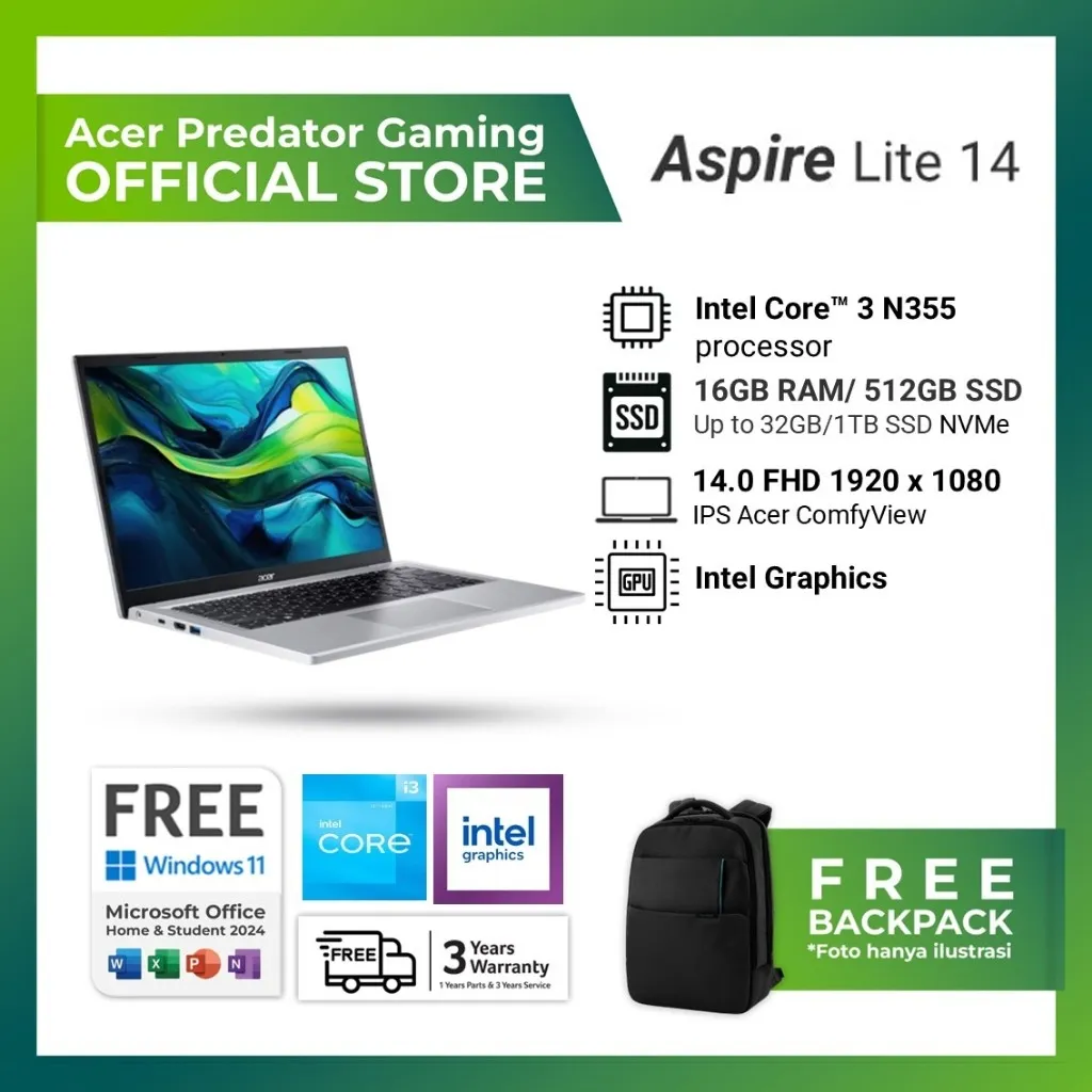 ACER ASPIRE LITE 14 AL14 37P INTEL CORE I3 N355 RAM 16GB 512GB SSD WINDOWS 11+OFFICE 14.0 INCH IPS