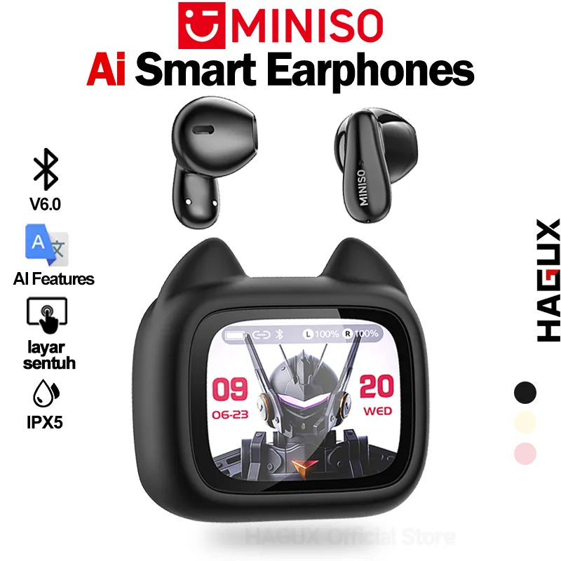 MINISO MS102 Headset Terjemahan AI True wireless Bluetooth earphones V6.0 In-Ear earphone TWS Lucu earbuds Headset Layar Sentuh LED Panggilan HD dengan mikrofon tws sport headset olahraga IPX5 HIFI Bass Mampu menerjemahkan 134 bahasa asing