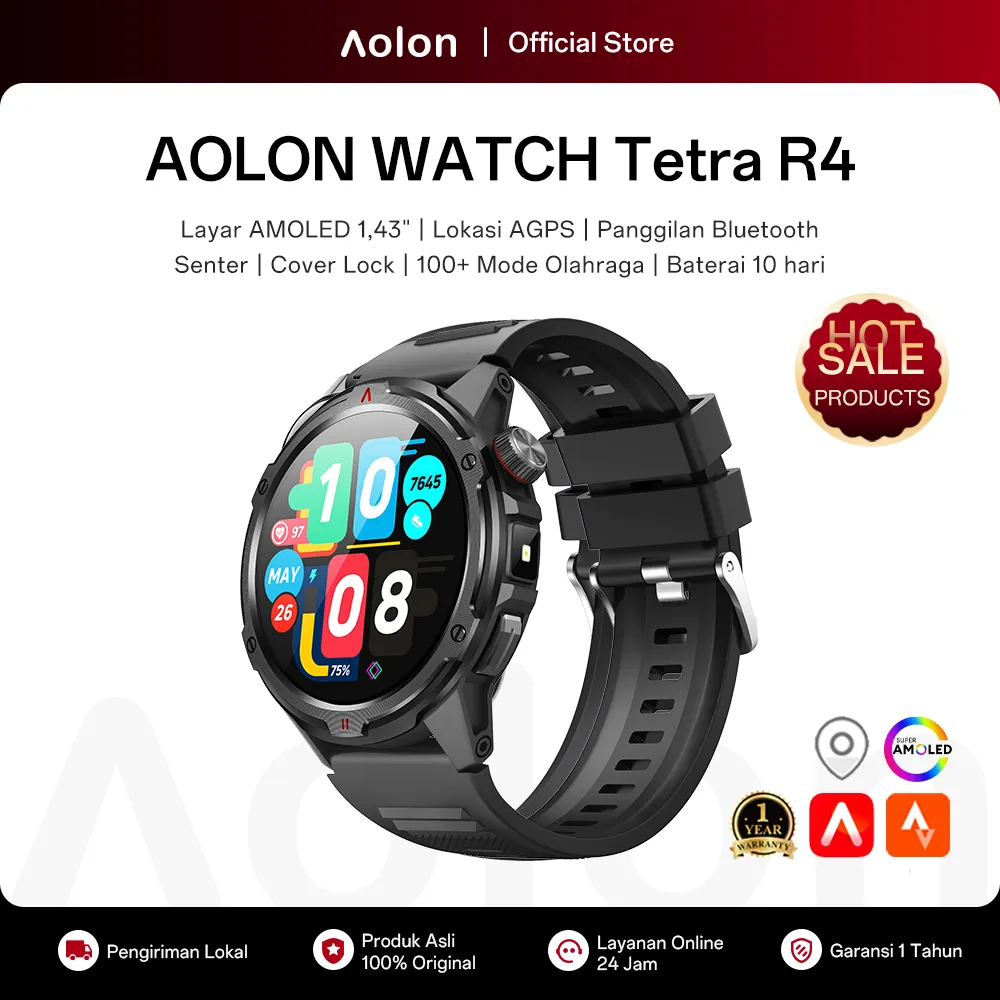 [Garansi 1 Tahun] Aolon Tetra R4 AGPS Smartwatch Pria Amoled AOD 46mm Cover Lock Telepon Bluetooth 100+ Olahraga Detak Jantung Lampu Senter Altimeter Kalkulator