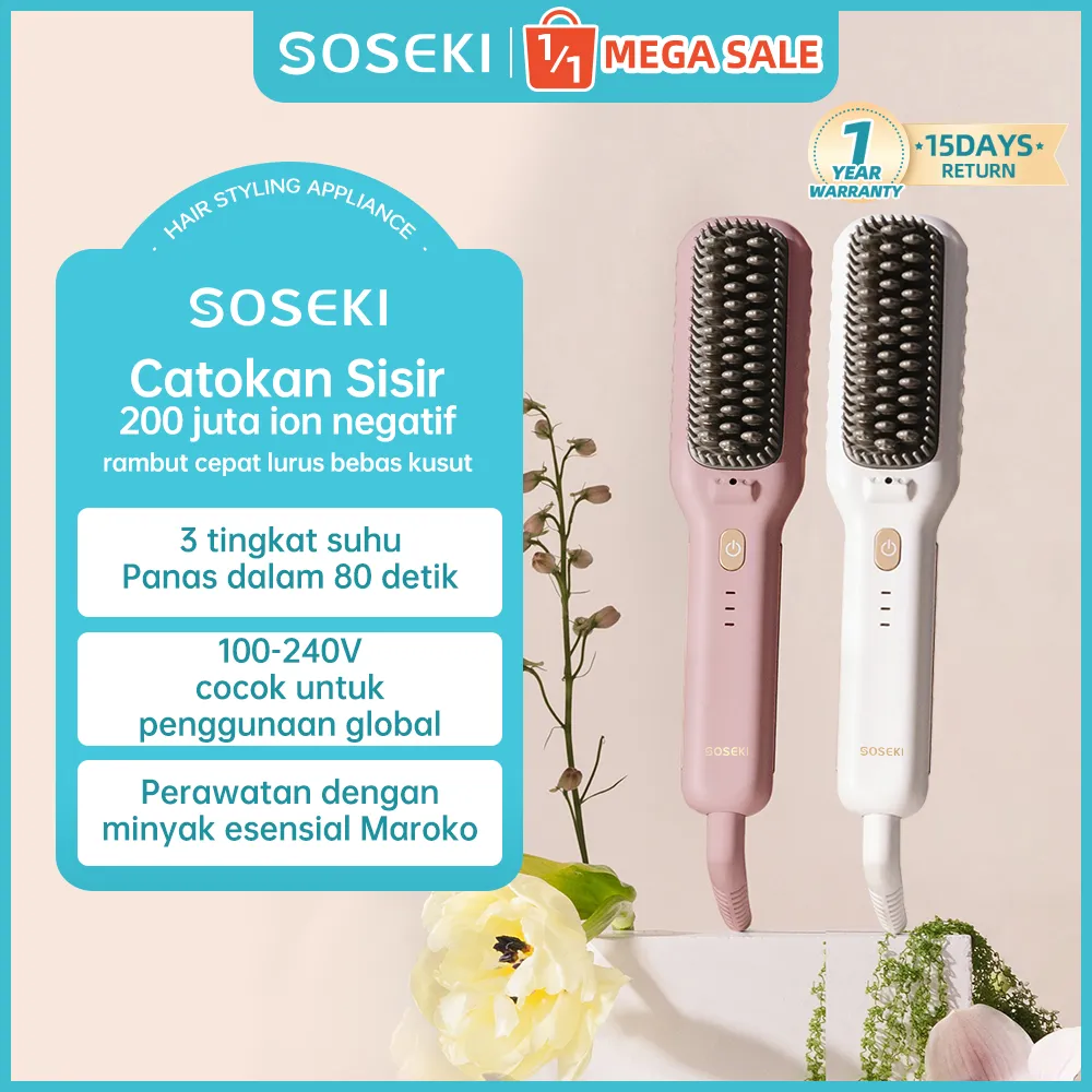 SOSEKI Sisir Catokan Pelurus Rambut 3 Tingkat Suhu / 170g Catokan Mini Ringan / Tegangan Global 100-240V Low Watt 30W Hair Straightener with cord
