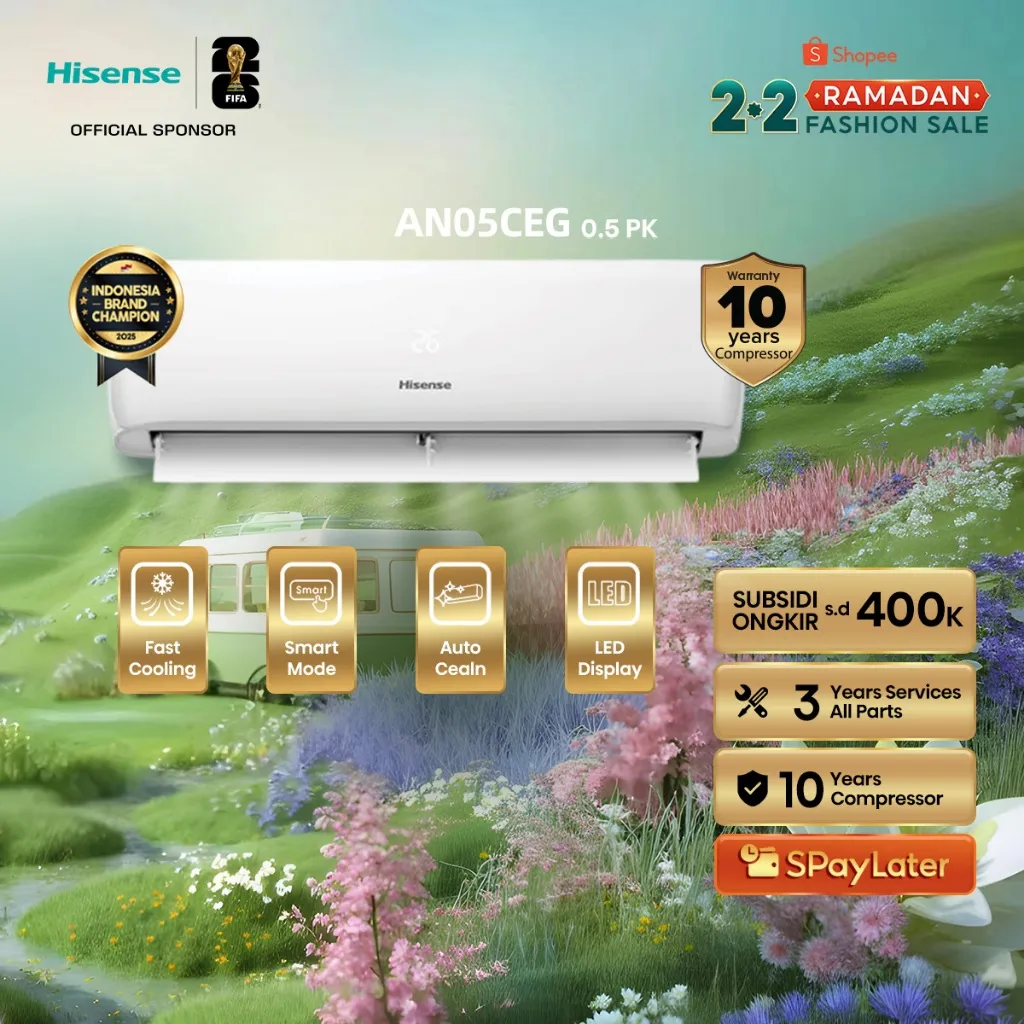 Hisense AC AN05CEG Standard 1/2 PK (0.5 PK) Dingin Kilat Cocok Untuk Kamar Tidur Pendinginan Super Cepat 3 Menit Sejuk Auto Clean Anti Bakteri Bisa Mode Tidur Smart LED Air Conditioner (Indoor & Outdoor Unit Only)