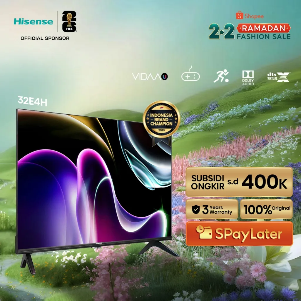 (PACKING KAYU) Hisense TV 32E4H Vidaa Smart Digital TV 32 inch HD Desain Bazelles DTS V X & Dolby Audio Youtube/Netflix/Prime Dual Band WIFI/HDMI/USB Remote Standar Easy Casting Noise Reduction Ram 1GB ROM 4GB Television