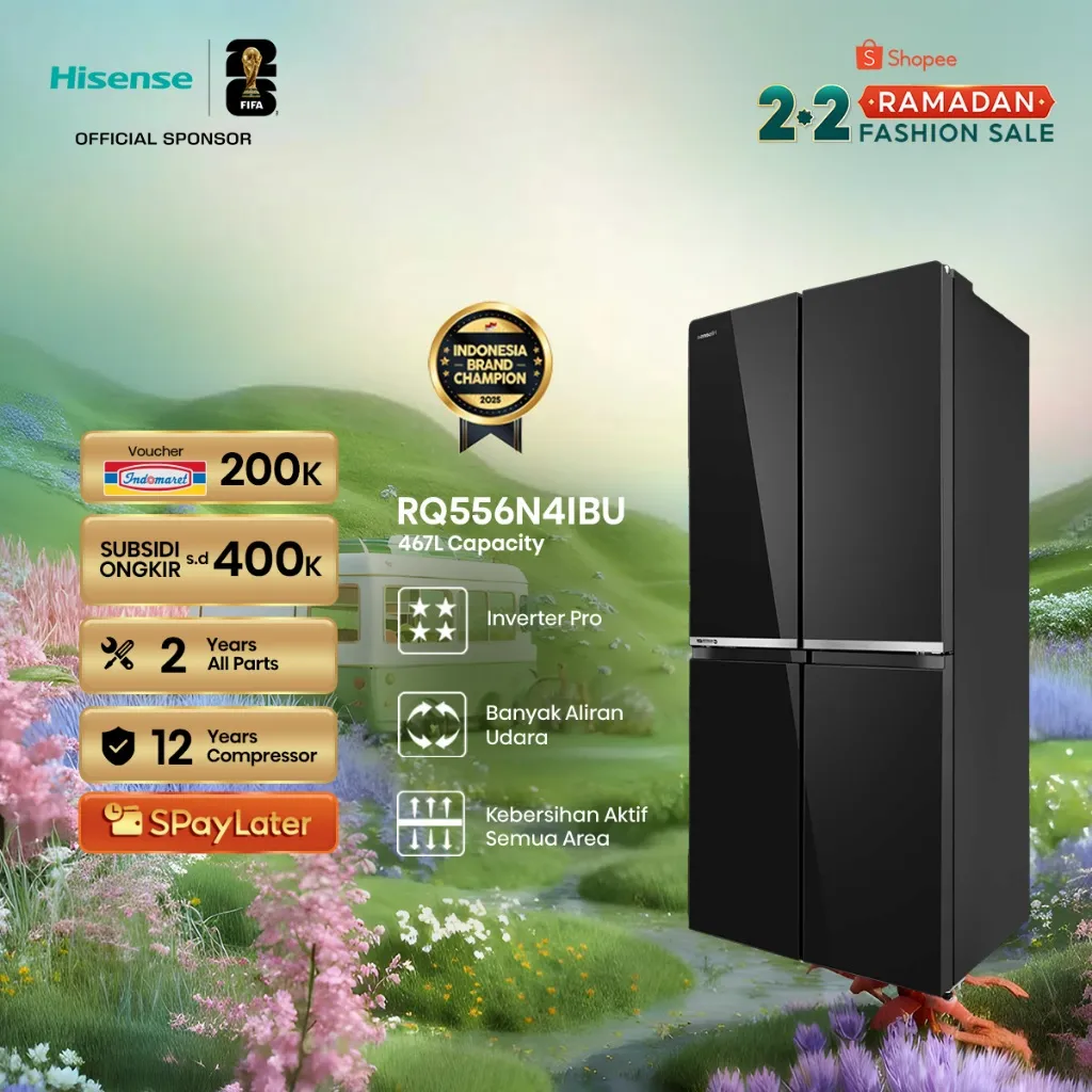 Hisense Kulkas RQ556N4IBU Refrigerator 4 Pintu Kapasitas 467L Warna Hitam Inverter Pro 360 Derajat Multi Air Flow All Zone Active Hygiene and Removable Twist Ice Maker LED Display & Gentle LED Lighting Large Capacity Freezer