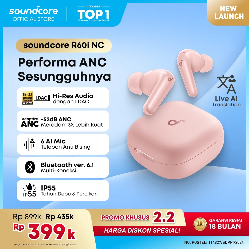 [EXCLUSIVE SHOPEE] Soundcore R60i NC (R50i NC Upgrade) by Anker, Real-Time Adaptive Noise Cancellation, Hi-Res Sound, AI Translation Earbuds, 50H Playtime, Wireless Earbuds, Bluetooth Earphones, Spatial Audio, Fast Charging, IP55 - D1202 Pink