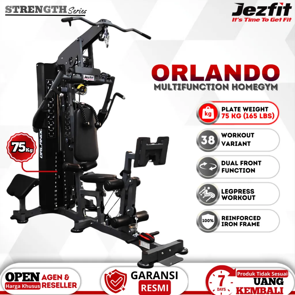Jezfit - Alat Fitness Homegym Orlando 165LBS (75KG) Homegym 1 Sisi Weight With 14 Stack Plate Include 38 Varian Gerakan Body Workout