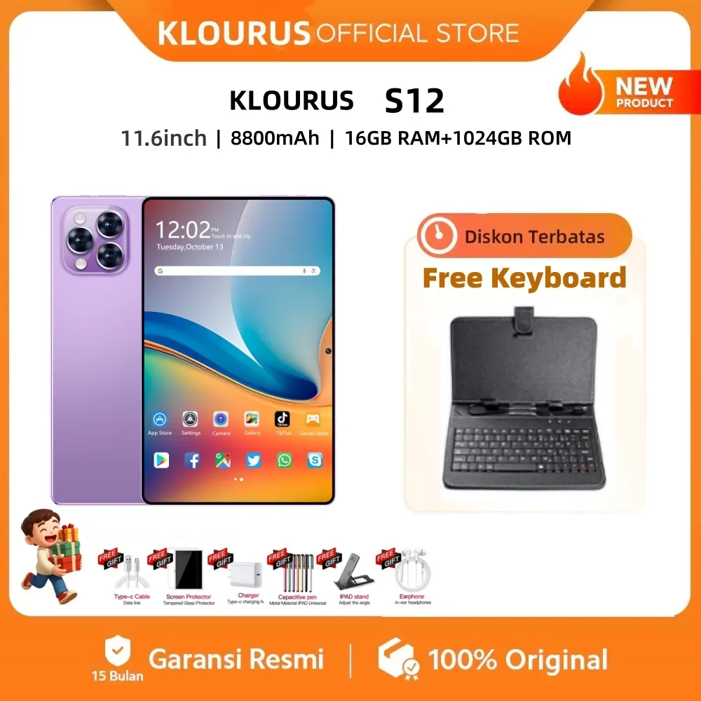 ​​KLOURUS Tablet Pro12 (16GB + 256GB) | IPS 11.6" | Tablet Murah untuk Belajar,Gaming, Kerja & Hiburan | 5G Dual SIM, WiFi Tablet Anak Android, Kamera 48MP | Kapasitas baterai besar 8800 mAh [KLOURUS Official Store]​