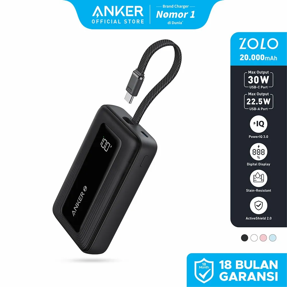 Anker Zolo Power Bank 20000mAH 30W With Cable Type C Fast Charging PD 3.0- A1689
