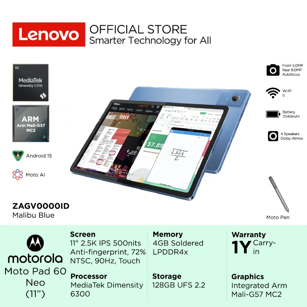 Motorola Moto Pad 60 Neo 11inch 00ID MediaTek Dimensity 6300, Integrated Arm Mali-G57 MC2, RAM 4GB, 128GB UFS, 11" 2.5K IPS 90Hz Touch, Moto Pen, Battery 7040mAh, Tablet Android Touchscreen MotoPad ZAGV0000ID Malibu Blue