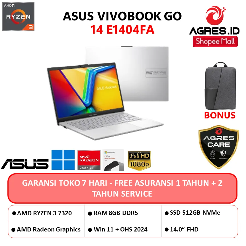 Laptop Asus Vivobook Go 14 E1404Fa Ryzen 3 7320 8Gb 512Gb W11+Ohs 14.0Fhd