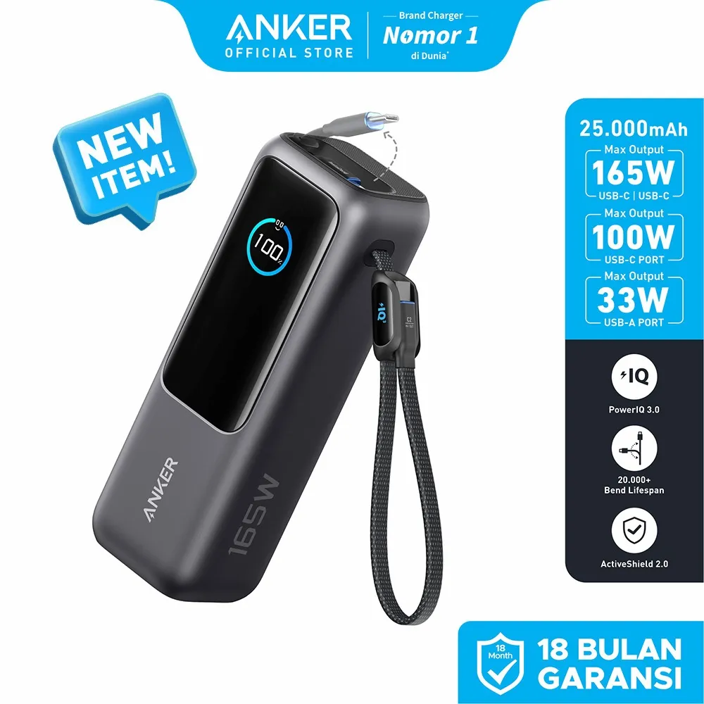 Anker Laptop Power Bank Smart Digital Display Touch 25.000mAh Triple 100W USB-C ports 165W GaN Fast Charging PPS PD 3.0 UFCS Built-in and Retractable Cables iPhone, MacBook, Samsung Steam Deck DJI Flight safe - A1695