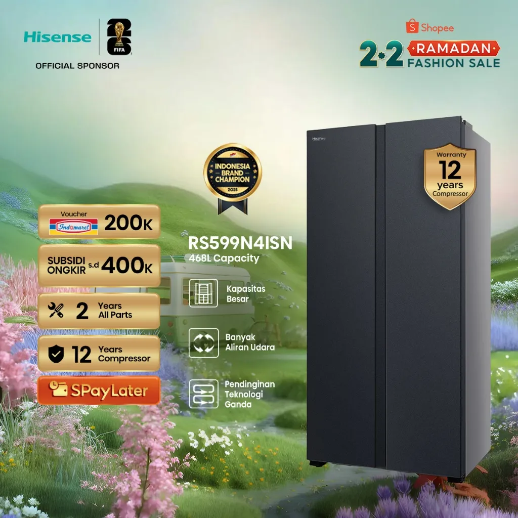 Hisense Kulkas RS599N4ISN Refrigerator Side By Side Kapasitas 468L Warna Abu-abu  Inverter Pro Tanpa Bunga Es Multi Air Flow Streamline Metal Handle Precise Electronic Control Super Freeze & Cool LED Lighting Vegetable Fruit Crisper