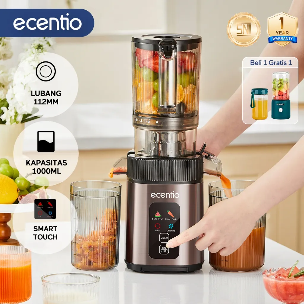 ecentio Smart Touch Slow Juicer 1000ml Kapasita Extra Big Lubang 112mm Multifungsi Slow Juicer Easy Clean 99% Ekstraksi Garansi Resmi 1 Tahun