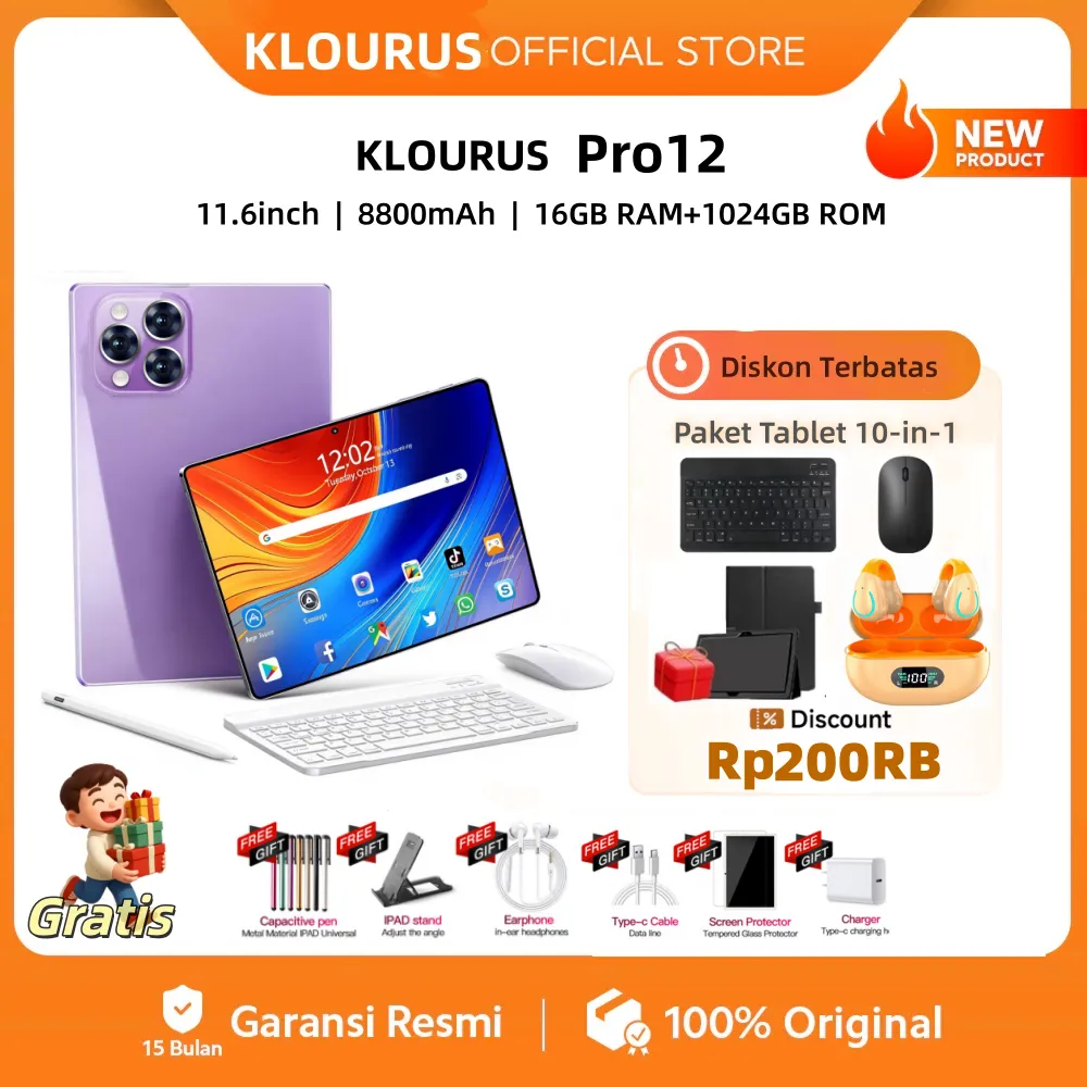 ​​KLOURUS Tablet Pro12 (16GB + 1024GB) | IPS 11.6" | Tablet Murah untuk Belajar,Gaming, Kerja & Hiburan | 5G Dual SIM, WiFi Tablet Anak Android, Kamera 48MP | Kapasitas baterai besar 8800 mAh [KLOURUS Official Store]​