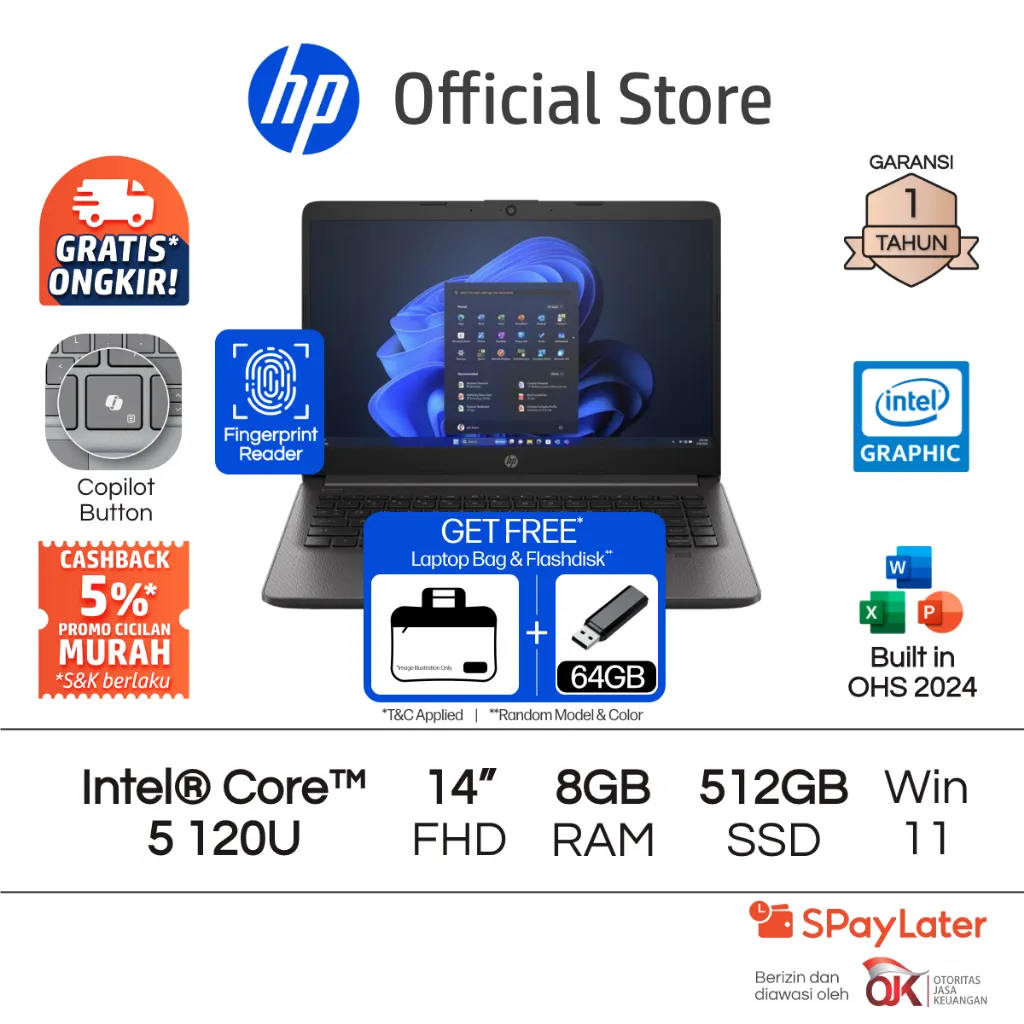 Laptop HP 240 Intel Core 5 Intel Graphics 8GB RAM 512GB SSD Dark Silver Free Windows 11 Home 14 Inch Garansi 1 Tahun Promo Murah Gratis Ongkir Official Non Second