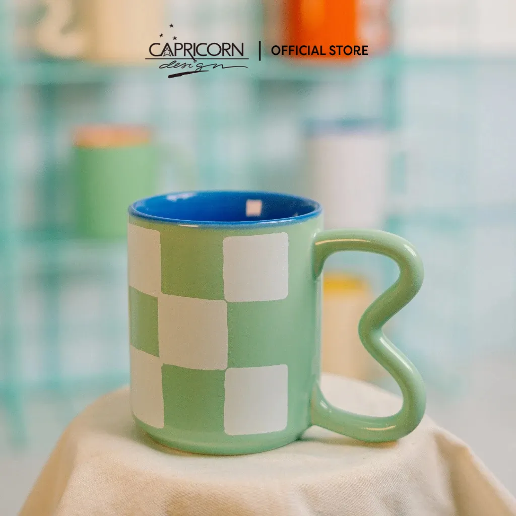 Capricorn Homeliving Mariposa Ceramic Mug Green Checkered Gelas Keramik