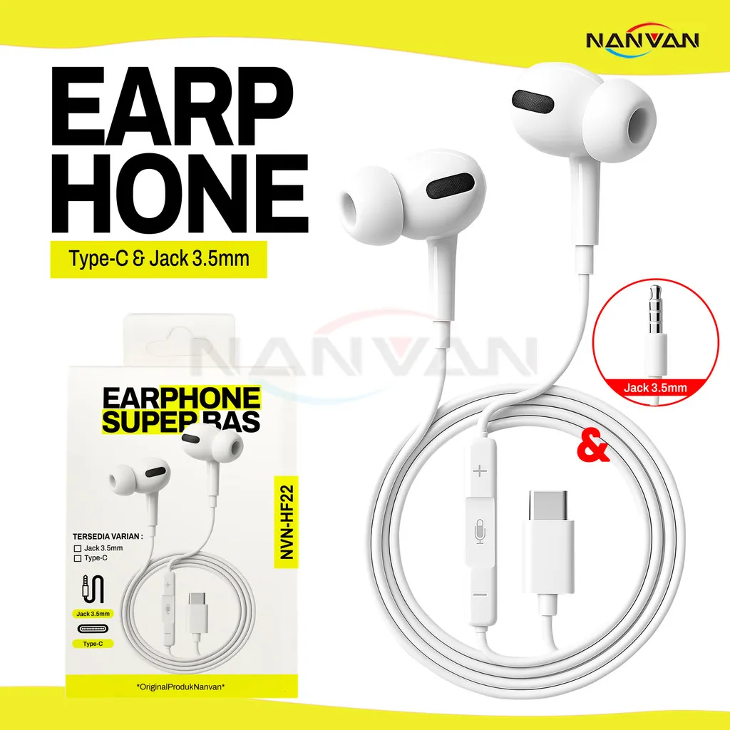 NANVAN NVN-HF22 Headset Earphone Type-C / Jack 3.5mm Superbass Premium Quality Untuk Hp / Laptop