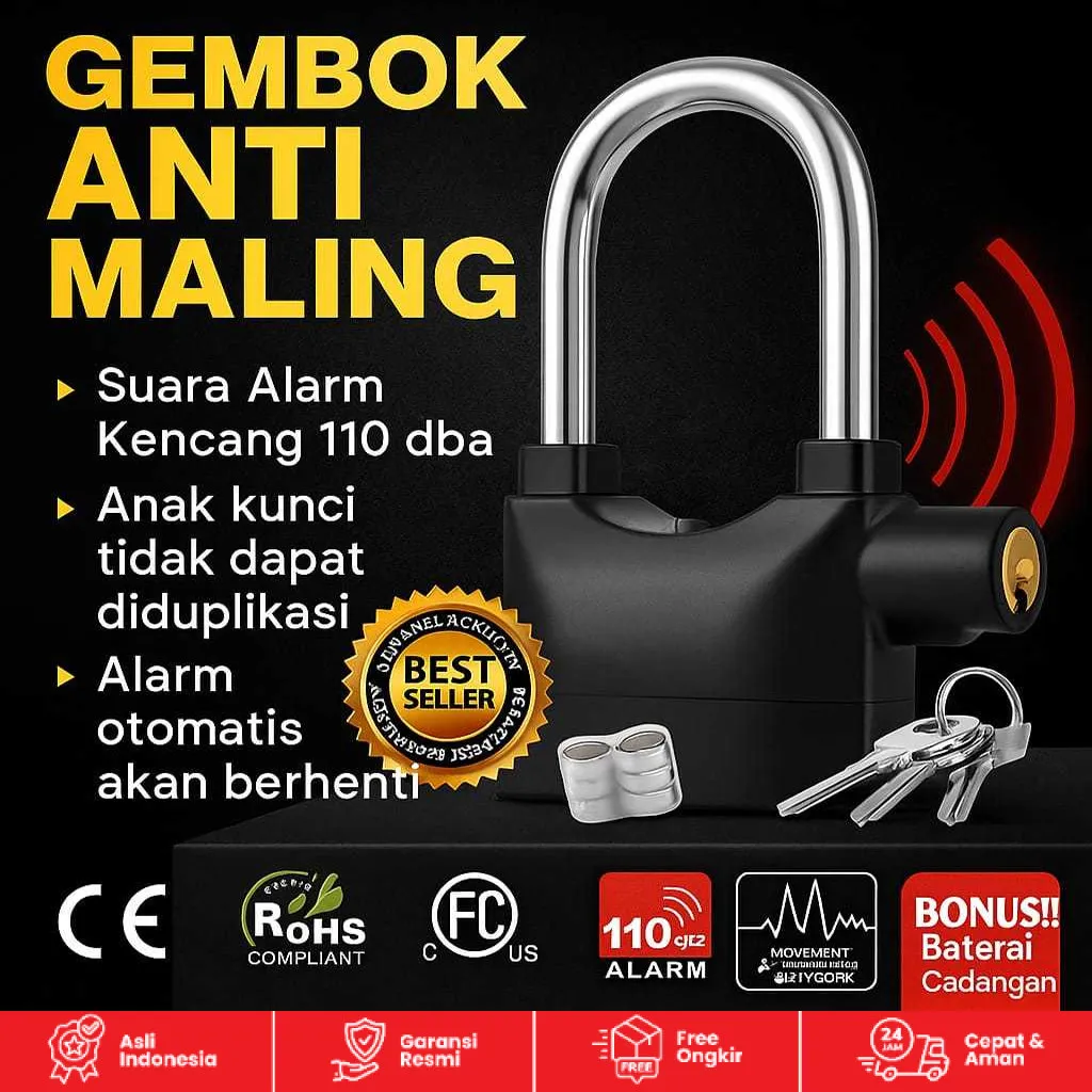 Gembok Alarm Anti Maling Suara Kencang Untuk Motor Dan Pagar Terbuat dr Bahan Antikarat Berkualitas