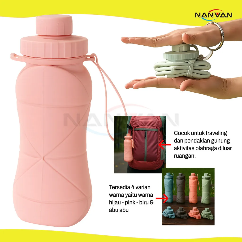 NANVAN NVN-BTL01 Botol Lipat Silikon 600ml - Anti Bocor,Ringan Untuk Traveling & Aktivitas Outdoor