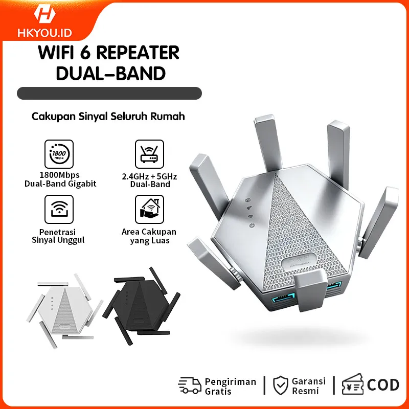 WiFi 6 Dual Band 1800Mbps Penguat Sinyal Repeater - 2.4G & 5.8Ghz, Mode Repeater/AP/Router, Jangkauan Luas 10000 Kaki untuk Rumah 3 Lantai/Rumah Besar & Game Online