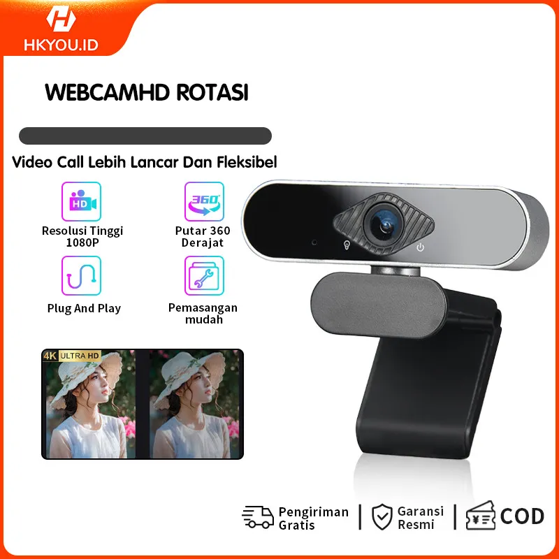 COD Webcam Laptop USB 4K 1080P HD yang Dapat Diputar 360° Kamera Sudut Lebar 150° Mikrofon yang Dapat Disesuaikan Plug and Play Konferensi Video/Siaran Langsung/Video/Kelas Online Fokus Otomatis Pengurangan Kebisingan