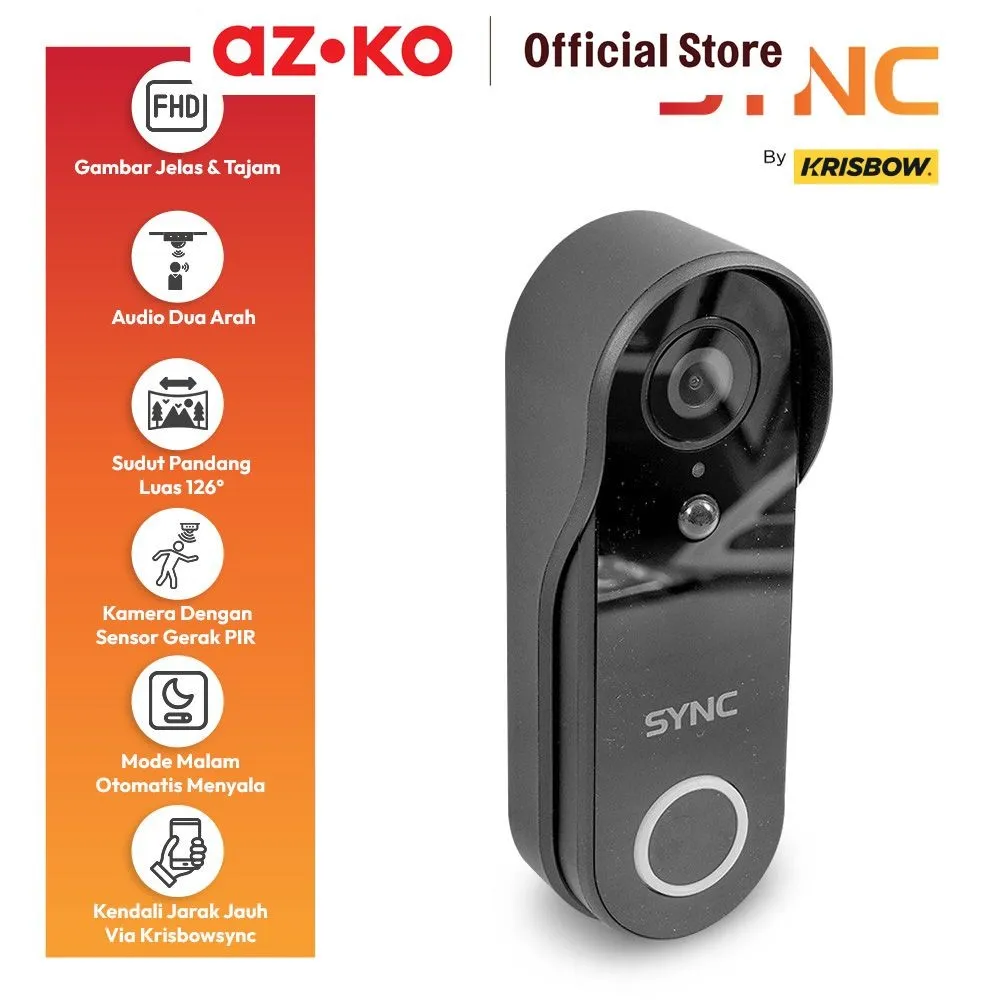 AZKO Krisbow Sync Smart Bel Pintu Dengan Kamera & Chime Ring - Hitam Door Bell Wireless Door Chime Penanda Panggilan Pintu Bel Rumah