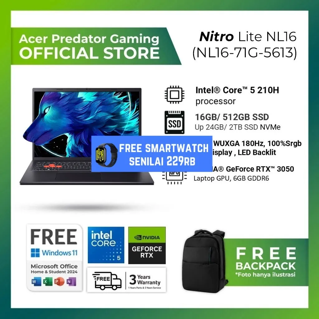 ACER NITRO LITE 16 NL16-71G-5613 CORE 5 210H RTX3050 6GB - 16GB 512GB WINDOWS 11 + OFFICE 16.0 WUXGA