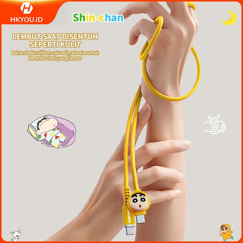 HKY Kartun Shinchan Kabel Data 2IN1 Port USB/Type-C/Lighting 1M Silikon Tahan Lama Charger Cepat 66W/60W/27W untuk Semua HP Android