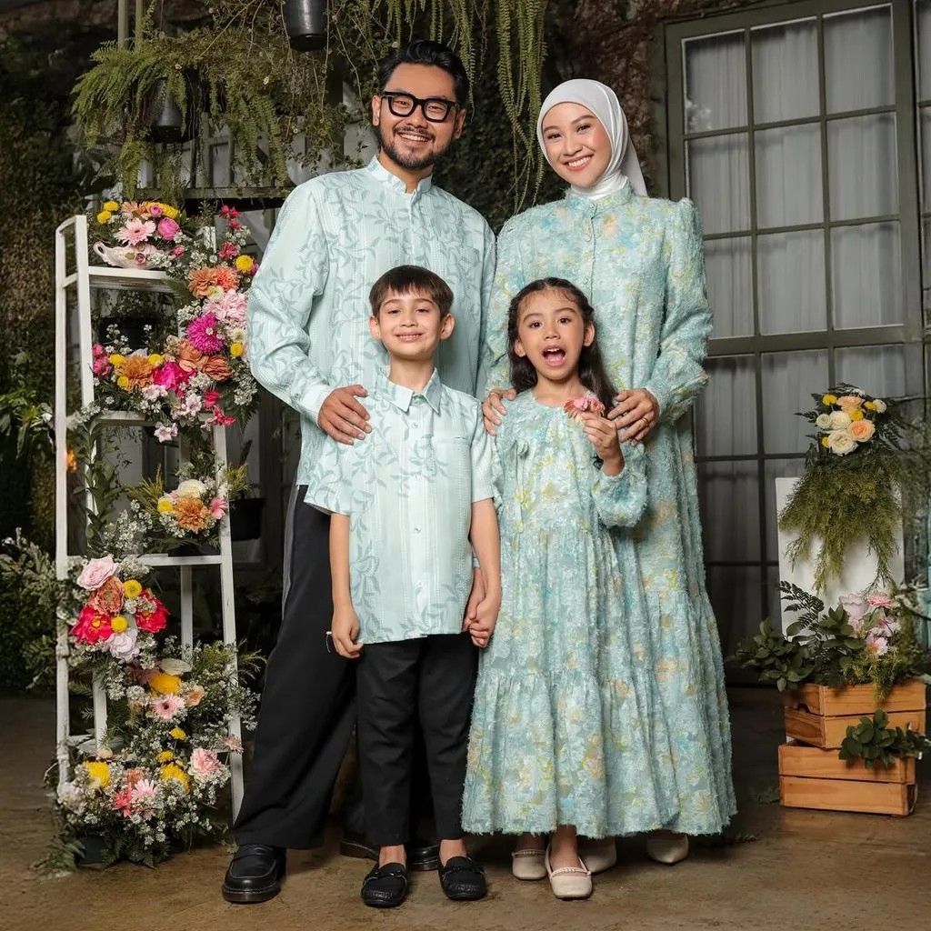 [Raya Collection] ZM Zaskia Mecca - Sarimbit Family Set 2 - Lilya Senja | Gamis Wanita | Kemeja Koko Pria Anak
