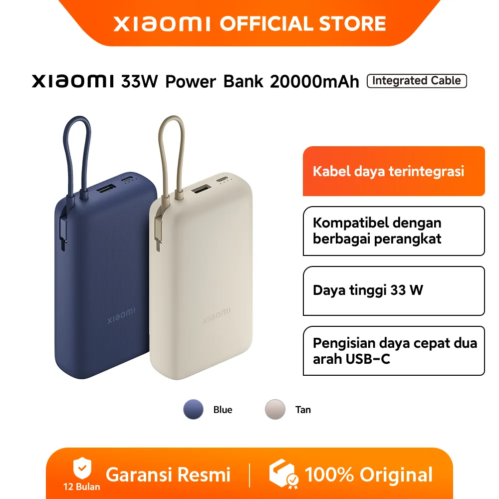Xiaomi 33W Power Bank 20.000 mAh | Kabel daya terintegrasi | Daya tinggi 33 W | Pengisian daya cepat [Official Store]