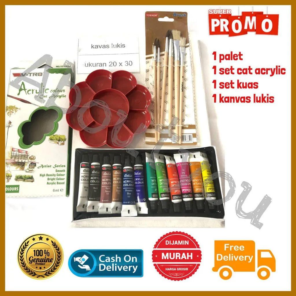 PAKET LUKIS KOMPLIT 4 in 1 KANVAS Besar Cat Akrilik Palet Kuas Set Melukis Lengkap