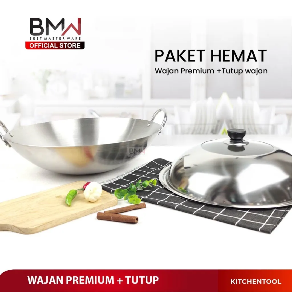 BMW KitchenWare - Paket Wajan Wok Penggorengan Kuali Stainless Steel Anti Lengket Dan Tutup Panci Wajan Premium Tebal