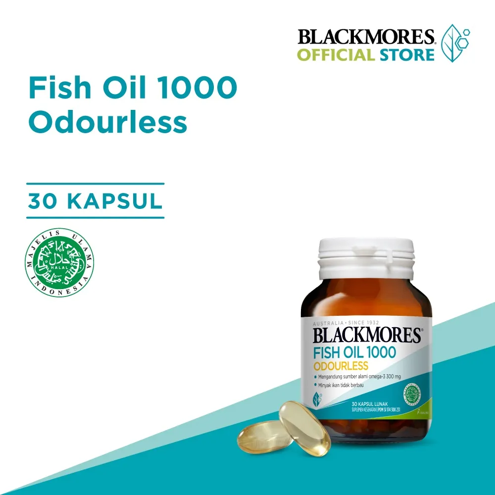 Blackmores Odourless Fish Oil 1000 Minyak Ikan Tidak Berbau 2 Kapsul Sehari Isi 30 Kapsul (Membantu Memelihara Kesehatan) BPOM HALAL