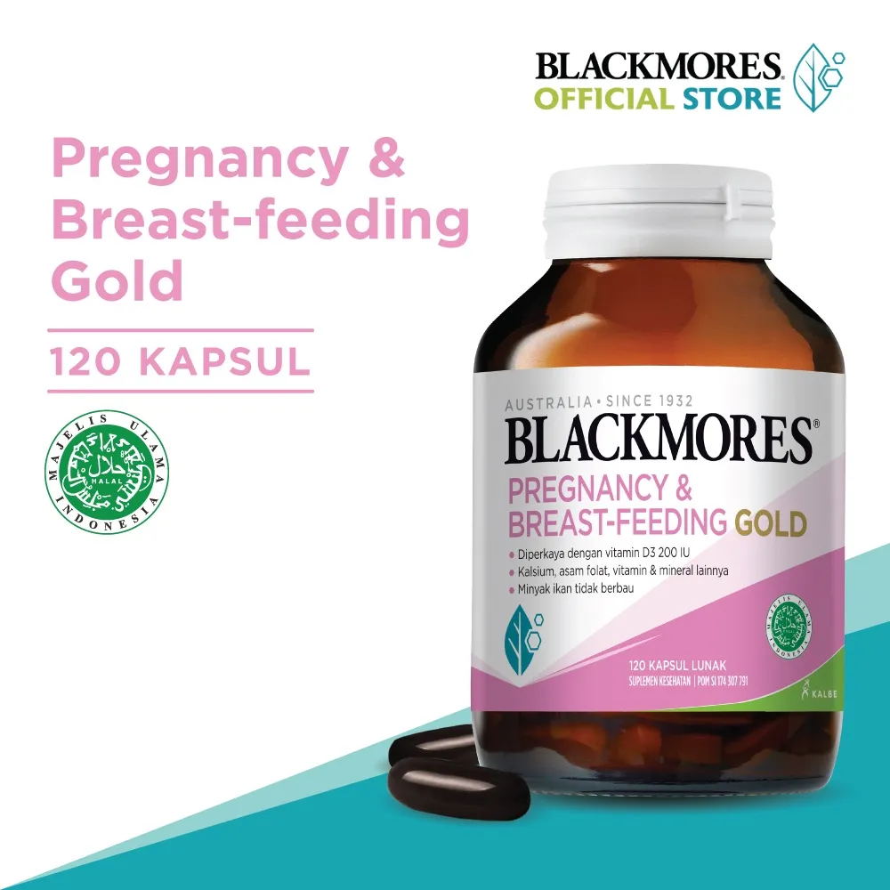 Blackmores Pregnancy & Breast - Feeding Gold 2 Kapsul Sehari Mengandung Asam Folat, Vitamin & Mineral Lainnya Isi 120 Kapsul (Multivitamin Kehamilan & Menyusui) BPOM Halal