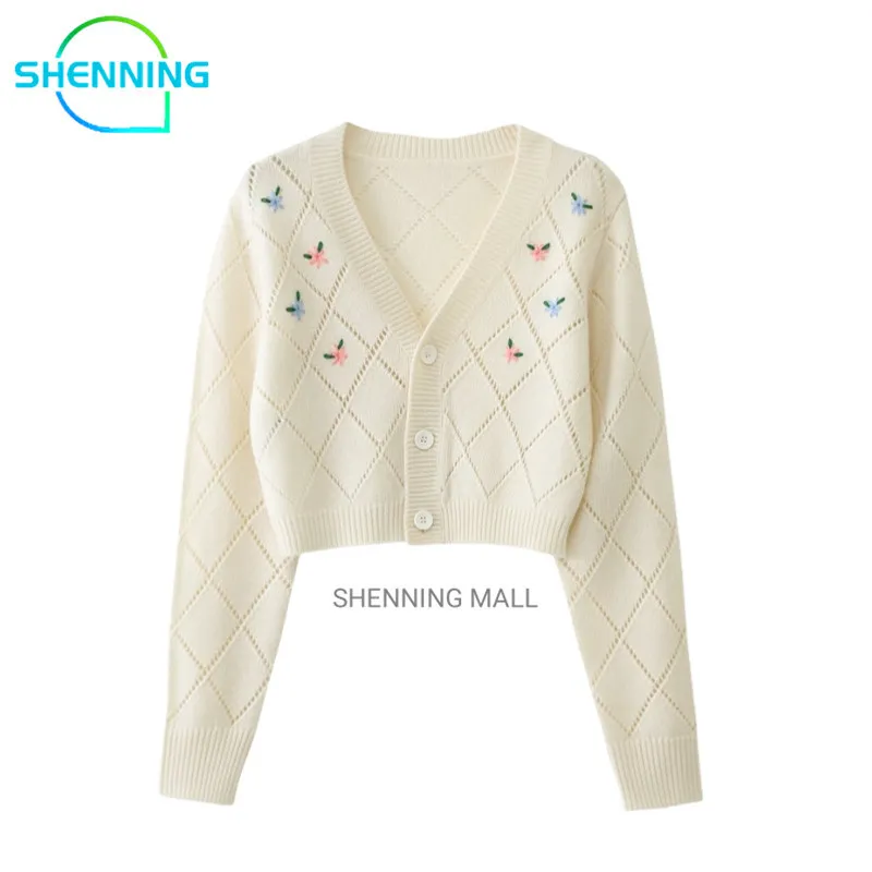 SHENNING Cardigan Rajut Outer Cute Kardigan Rajut Motif Bunga Knit Rajut Lengan Panjang
