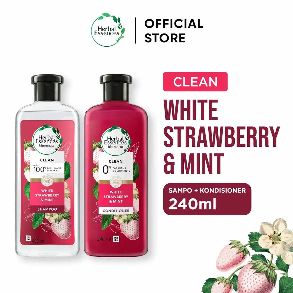 Herbal Essences Biorenew Sampo dan Kondisioner Clean White Strawberry & Mint Perawatan Rambut Hydrated & Refreshed 240ml / Herbal Essences Shampoo and Conditioner