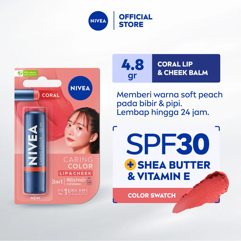 NIVEA Lip Balm Caring Color Coral 3 in 1 SPF 30 4.8gr - Pelembap bibir warna nude tinted pigmented melembabkan plumpy kering pecah-pecah tahan lama melindungi bibir natural intensif lembap glossy - Vitamin C & E, 3 Natural Oils, Shea Butter