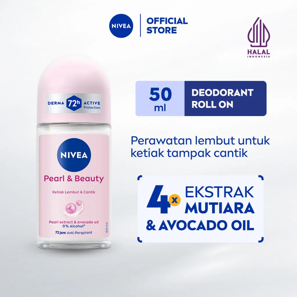 NIVEA Deodorant Roll On Pearl & Beauty 50ml - Deodoran wanita mencerahkan brightening glowing kulit ketiak halus tahan keringat dan anti bau badan - Antiperspiran, Ekstrat mutiara, Avocado oil, 0% alkohol cocok untuk semua jenis kulit
