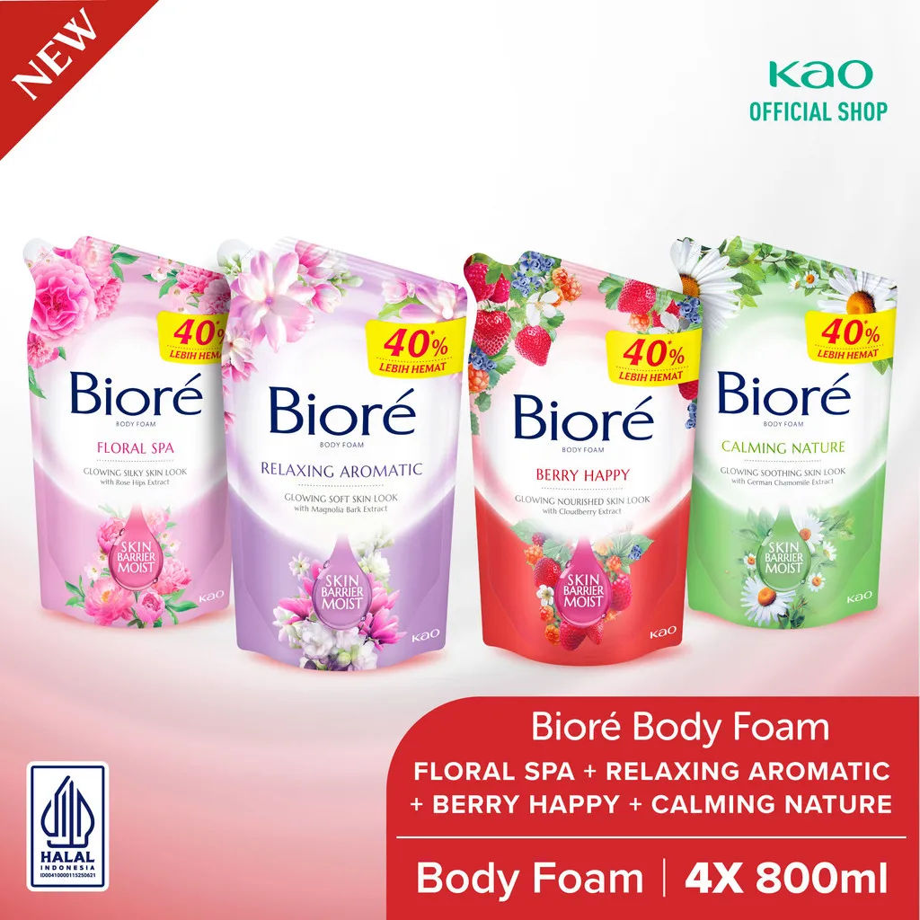 Biore Body Foam Sabun Mandi Berry Happy 800ml + Calming Nature 800ml + Relaxing Aromatic 800ml + Floral Spa 800ml Pouch