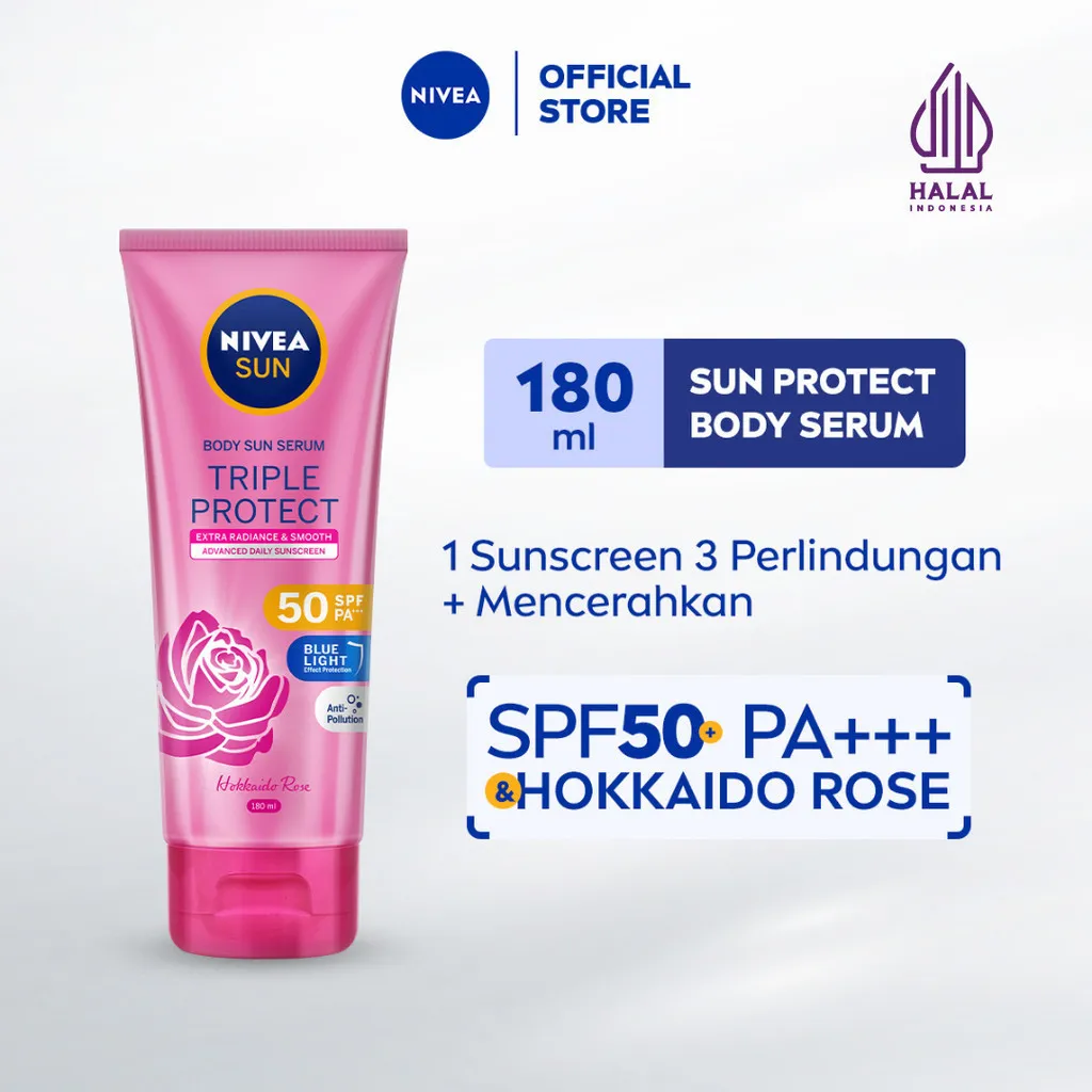 NIVEA SUN Sunscreen Body Serum Triple Protect Extra Radiance & Smooth SPF50 PA+++ 180ml - Sunscreen badan serum sunblock mencerahkan SPF UV harian lightweight tekstur ringan cepat meresap tidak lengket no whitecast blue light polusi - Hokkaido Rose