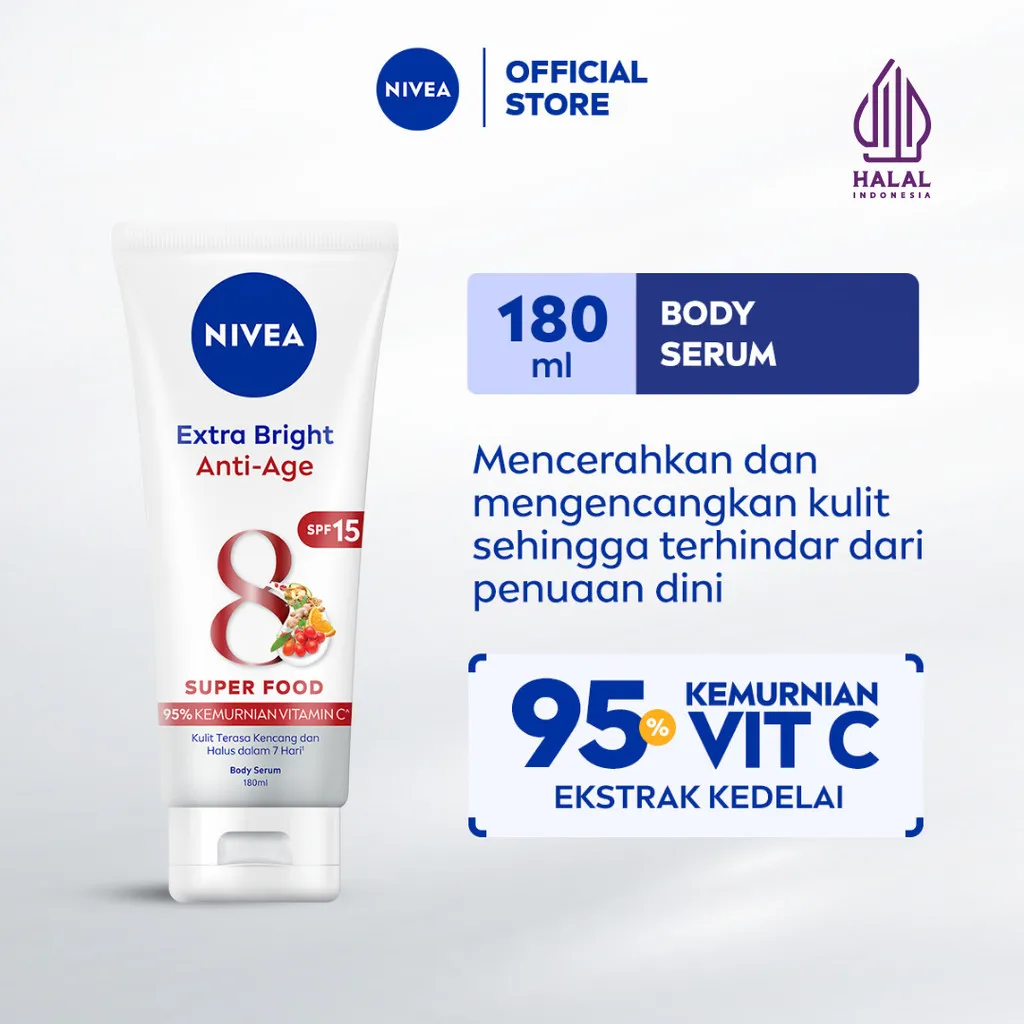 NIVEA Body Serum Extra Bright Anti Age SPF 15 180ml - Hand body serum lotion moisturizer mencerahkan kulit halus lembut badan mengencangkan kulit kendur kencang melembabkan kering anti aging penuaan dini - 95% Vitamin C, UVA UVB Filter, 8 Super food