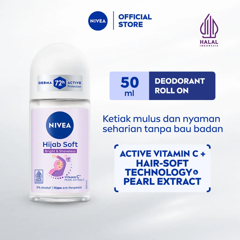 NIVEA Deodorant Roll On Brightening Hijab Soft 50ml - Deodoran wanita hijab halal mencerahkan brightening kullit lembut mengurangi frekuensi cukur bulu ketiak wangi segar tahan lama seharian - Antiperspiran, Vitamin C, Ekstrak Mutiara, 0% alkohol
